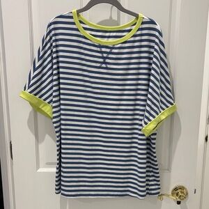Striped Blue & White Tee with Neon Lime Trim